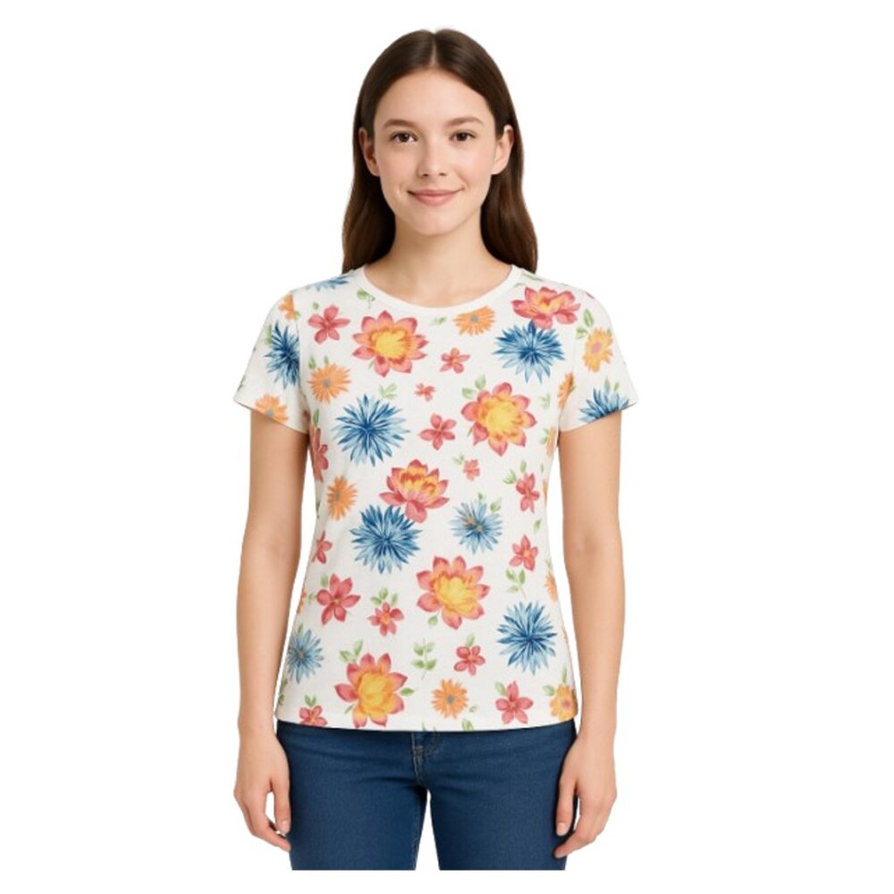 Liz Claiborne Lizwear Jeans Floral Cotton Top Petite Small Multicolor